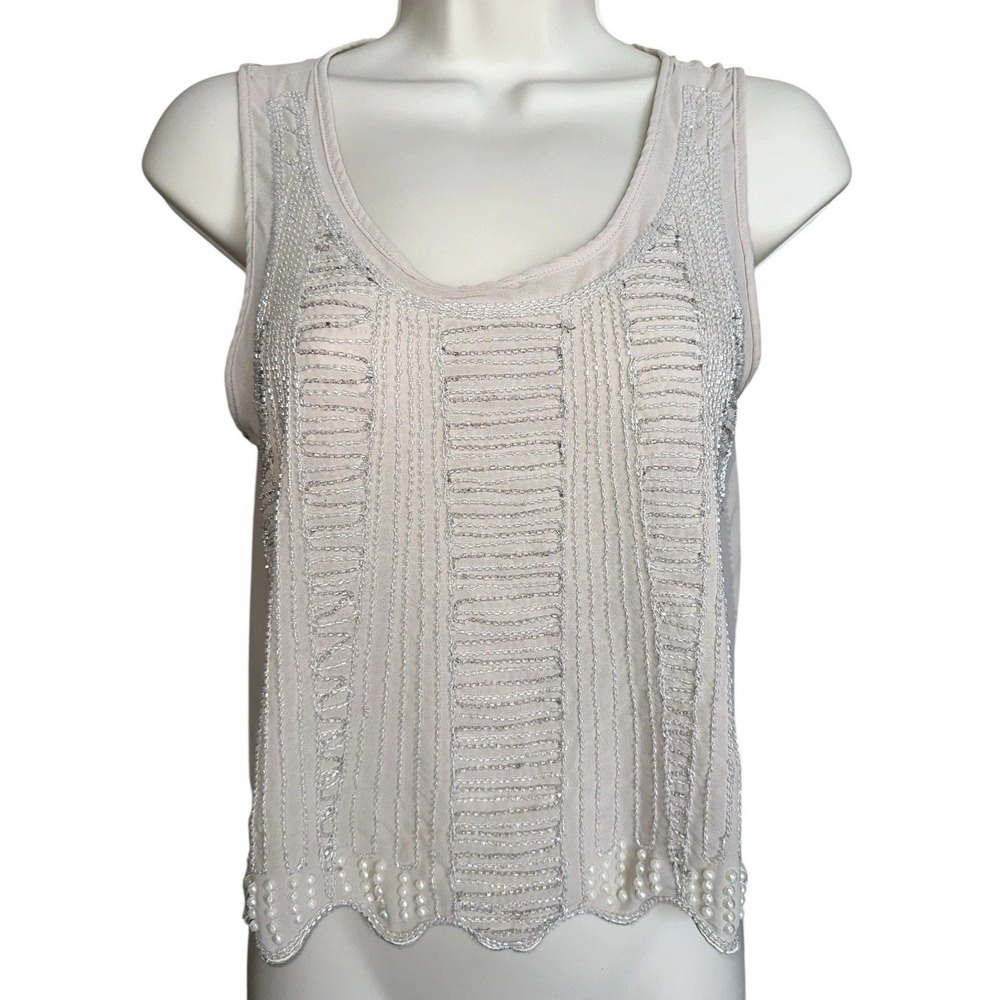 Paper‎ Crane Embellished Beaded Sheer Top Women's XS Vintage Inspired Pearls
